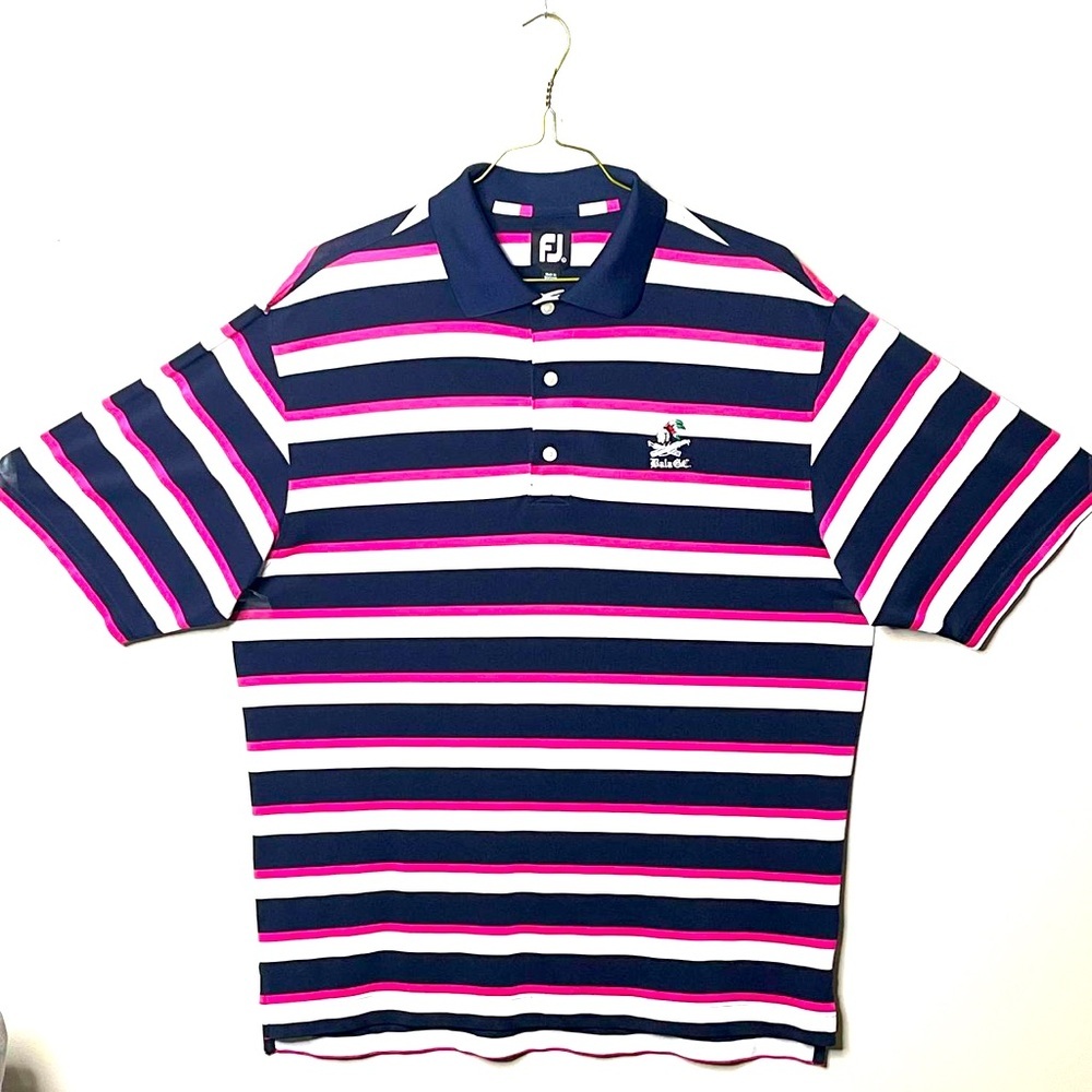 Foot Joy‎ Polo Shirt, Sz L, Striped Blue/Purple, Native American Embroidery